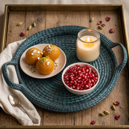 Premium Handwoven Sabai Grass Round Serving Tray with Handles | 16 Inch (DZ)