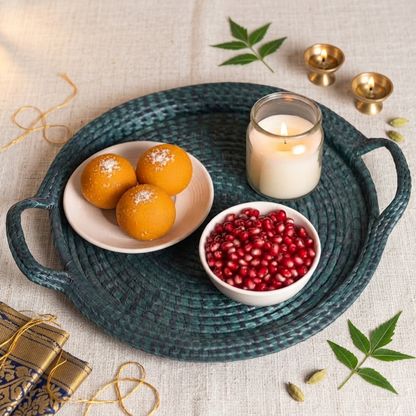 Premium Handwoven Sabai Grass Round Serving Tray with Handles | 16 Inch (DZ)