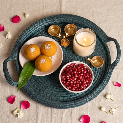 Premium Handwoven Sabai Grass Round Serving Tray with Handles | 16 Inch (DZ)