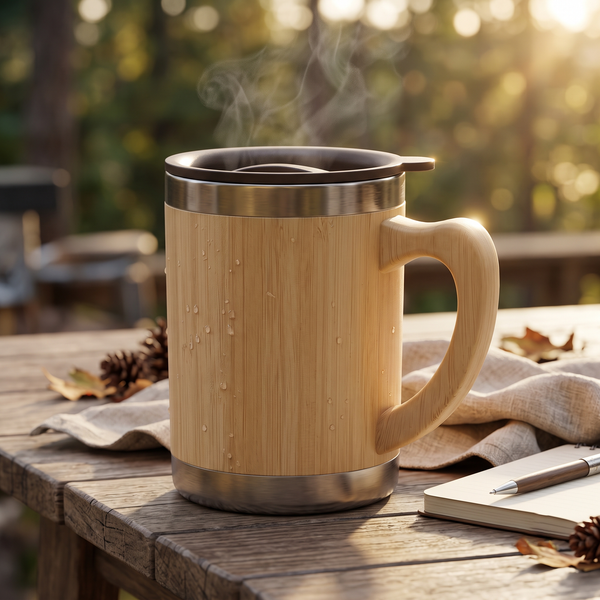 Premium Insulated Bamboo & Stainless-Steel Coffee Mug with Lid | 12 × 11 cm Including Handle (DZ)