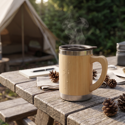 Premium Insulated Bamboo & Stainless-Steel Coffee Mug with Lid | 12 × 11 cm Including Handle (DZ)