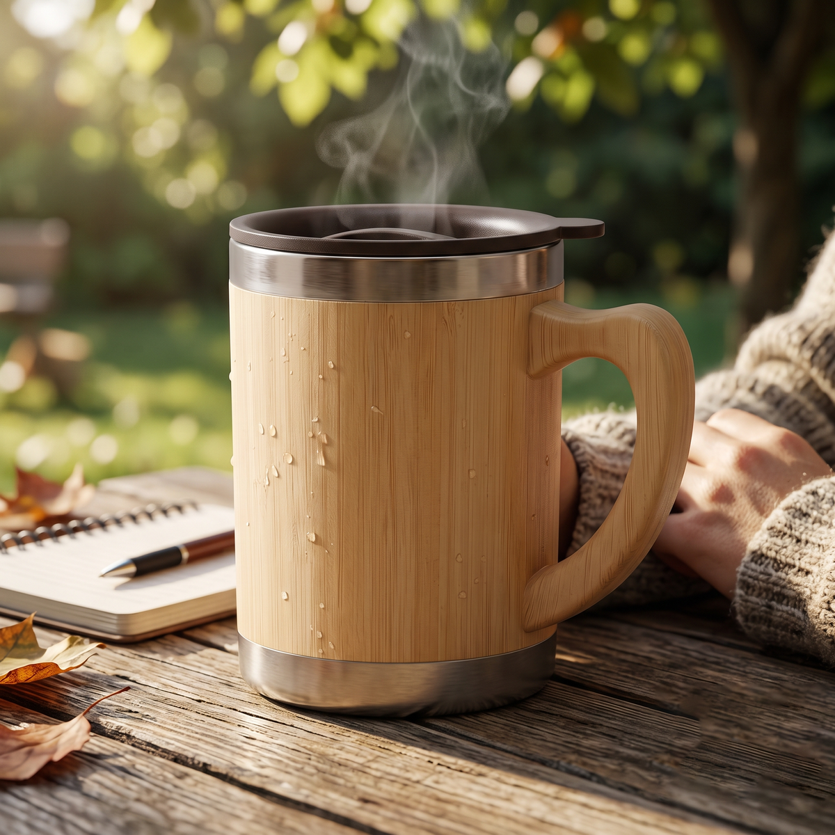 Premium Insulated Bamboo & Stainless-Steel Coffee Mug with Lid | 12 × 11 cm Including Handle (DZ)
