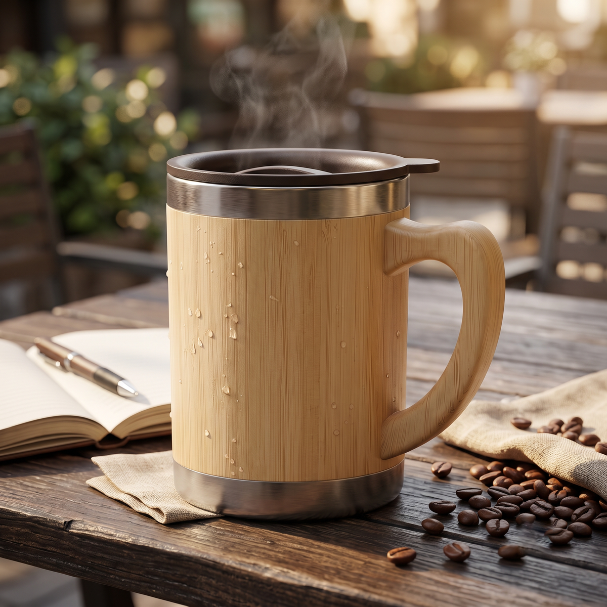 Premium Insulated Bamboo & Stainless-Steel Coffee Mug with Lid | 12 × 11 cm Including Handle (DZ)