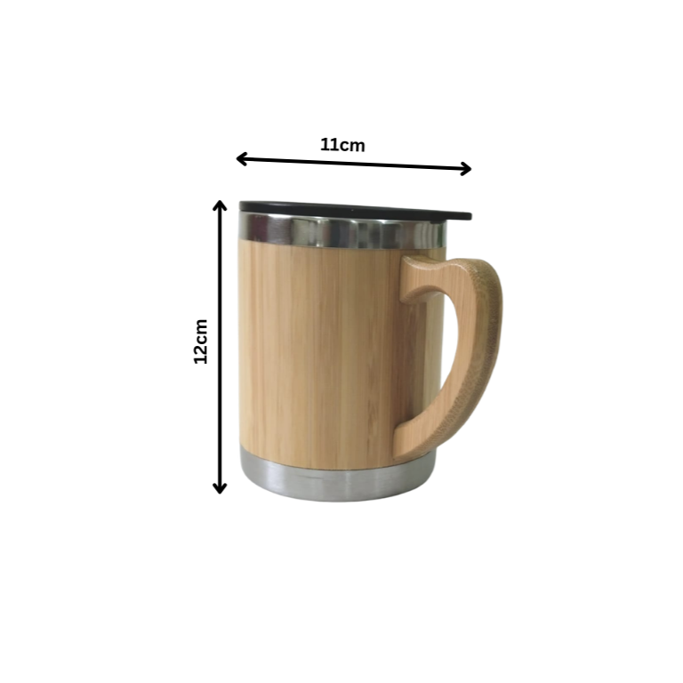Premium Insulated Bamboo & Stainless-Steel Coffee Mug with Lid | 12 × 11 cm Including Handle (DZ)