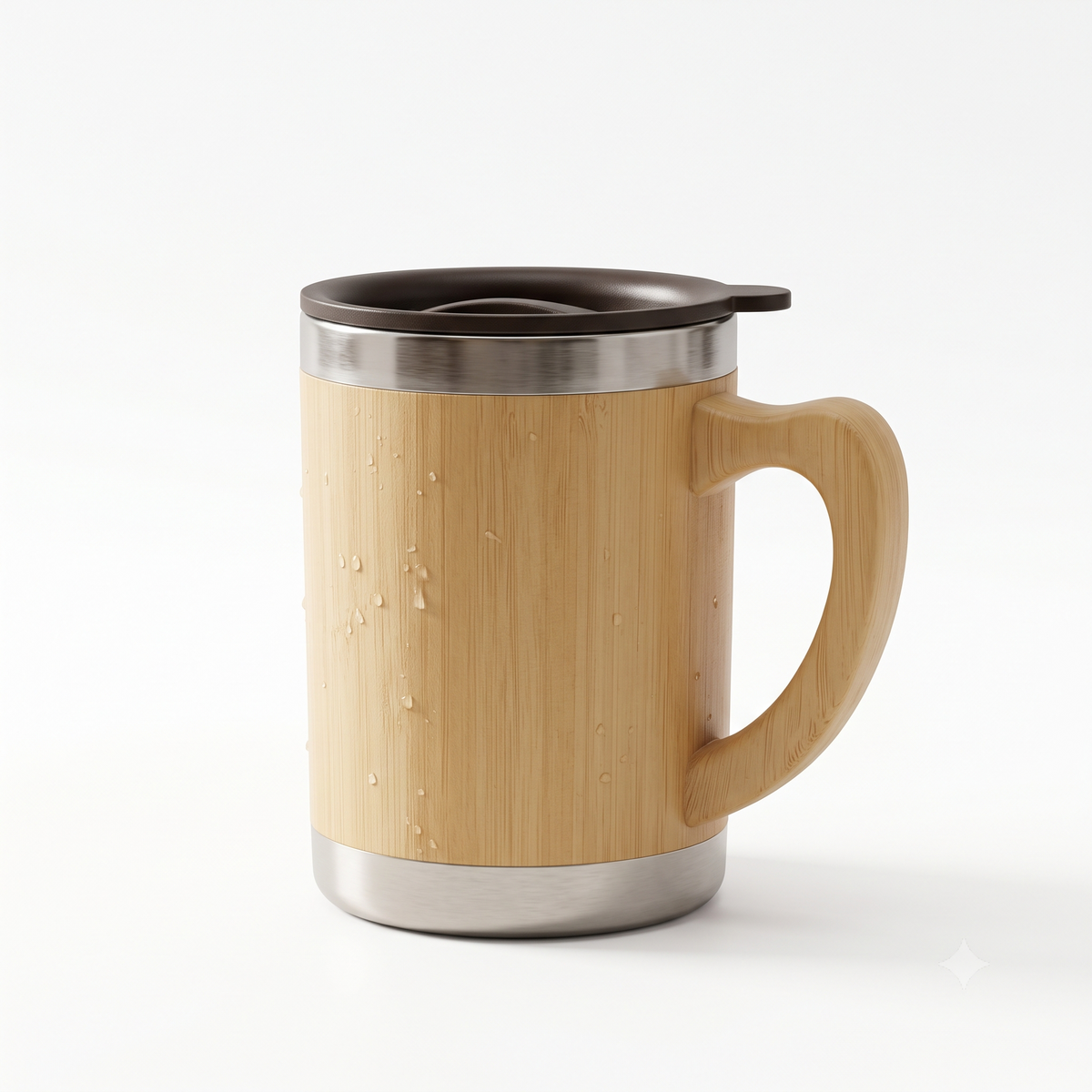 Premium Insulated Bamboo & Stainless-Steel Coffee Mug with Lid | 12 × 11 cm Including Handle (DZ)