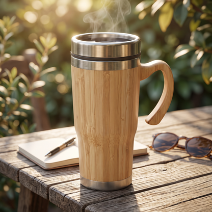 Premium Insulated Bamboo & Stainless-Steel Travel Coffee & Reusable Eco-Friendly Mug | 14 × 18 cm - Including Handle (DZ)