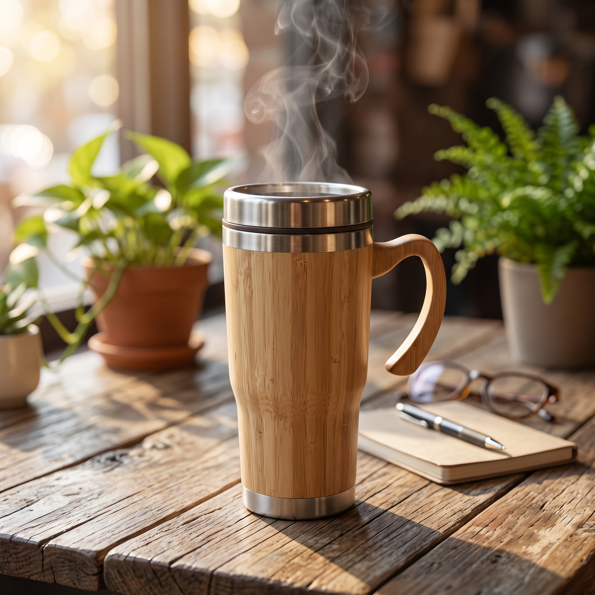 Premium Insulated Bamboo & Stainless-Steel Travel Coffee & Reusable Eco-Friendly Mug | 14 × 18 cm - Including Handle (DZ)