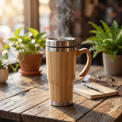 Premium Insulated Bamboo & Stainless-Steel Travel Coffee & Reusable Eco-Friendly Mug | 14 × 18 cm - Including Handle (DZ)
