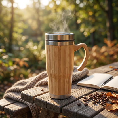 Premium Insulated Bamboo & Stainless-Steel Travel Coffee & Reusable Eco-Friendly Mug | 14 × 18 cm - Including Handle (DZ)