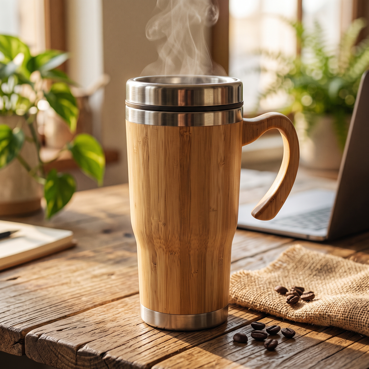 Premium Insulated Bamboo & Stainless-Steel Travel Coffee & Reusable Eco-Friendly Mug | 14 × 18 cm - Including Handle (DZ)