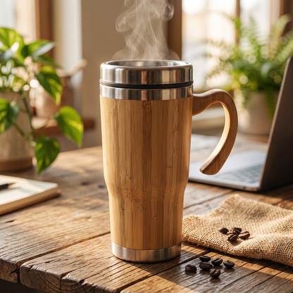 Premium Insulated Bamboo & Stainless-Steel Travel Coffee & Reusable Eco-Friendly Mug | 14 × 18 cm - Including Handle (DZ)