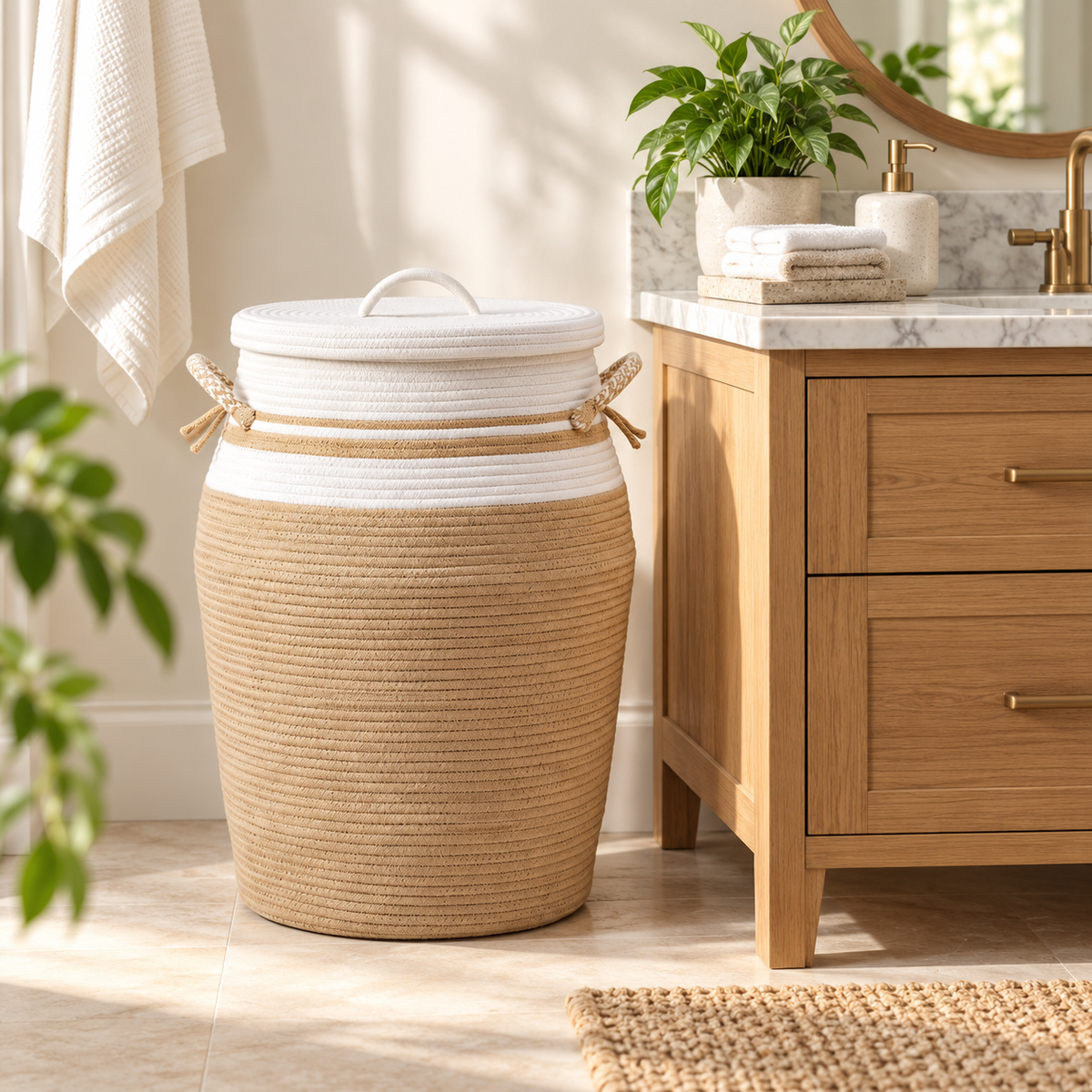 Premium Matki-Shaped Cotton Rope Laundry Basket with Lid – Woven Laundry Hamper with Removable Cloth Liner | 14 × 14 × 20 Inch (DZ)