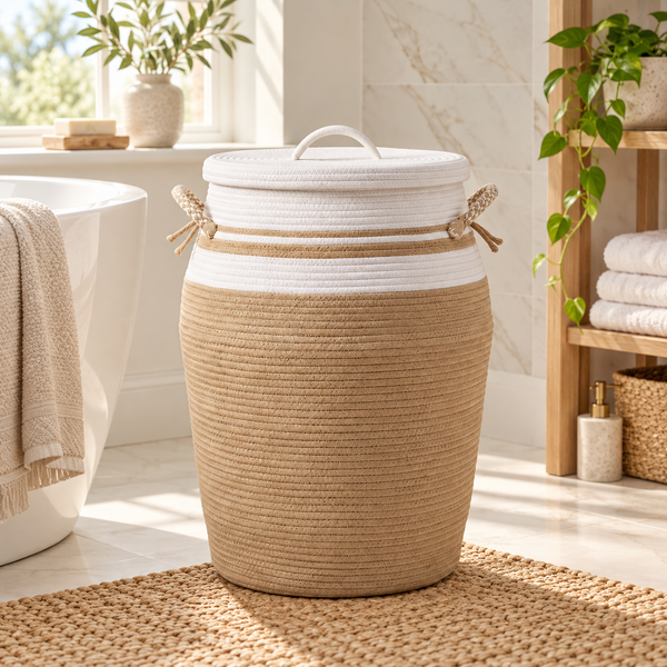 Premium Matki-Shaped Cotton Rope Laundry Basket with Lid – Woven Laundry Hamper with Removable Cloth Liner | 14 × 14 × 20 Inch (DZ)