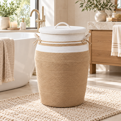Premium Matki-Shaped Cotton Rope Laundry Basket with Lid – Woven Laundry Hamper with Removable Cloth Liner | 14 × 14 × 20 Inch (DZ)