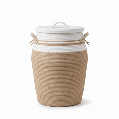 Premium Matki-Shaped Cotton Rope Laundry Basket with Lid – Woven Laundry Hamper with Removable Cloth Liner | 14 × 14 × 20 Inch (DZ)