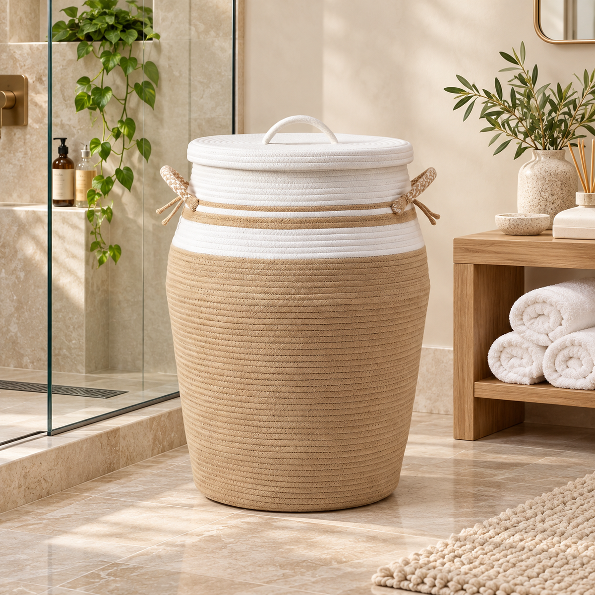 Premium Matki-Shaped Cotton Rope Laundry Basket with Lid – Woven Laundry Hamper with Removable Cloth Liner | 14 × 14 × 20 Inch (DZ)