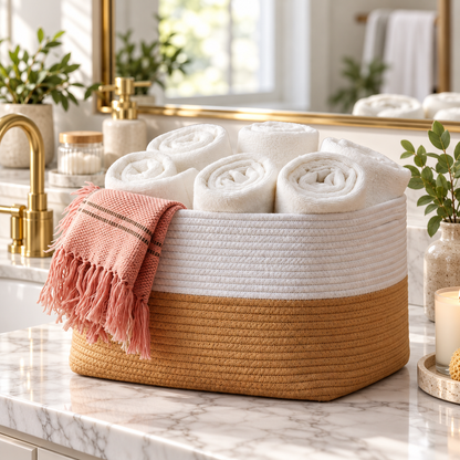 Premium Oval Cotton Rope Storage Basket – Dual-Tone Woven Home Organizer | 15 Inch (DZ)