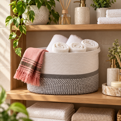 Premium Oval Cotton Rope Storage Basket – Dual-Tone Woven Home Organizer | 15 Inch (DZ)
