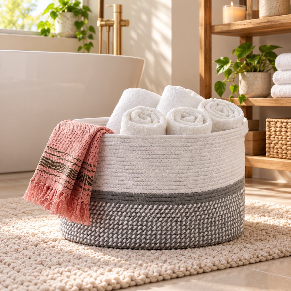Premium Oval Cotton Rope Storage Basket – Dual-Tone Woven Home Organizer | 15 Inch (DZ)