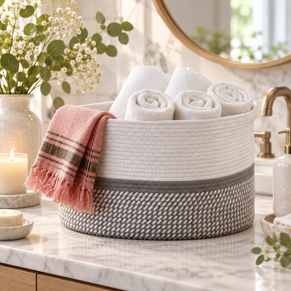 Premium Oval Cotton Rope Storage Basket – Dual-Tone Woven Home Organizer | 15 Inch (DZ)