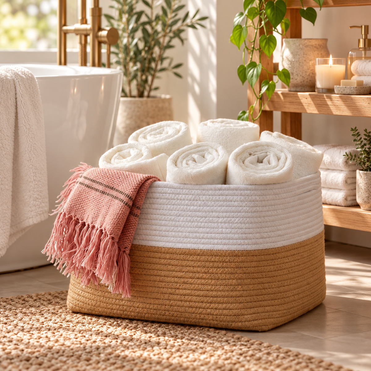 Premium Oval Cotton Rope Storage Basket – Dual-Tone Woven Home Organizer | 15 Inch (DZ)