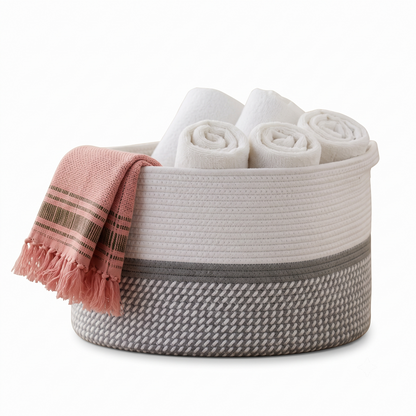 Premium Oval Cotton Rope Storage Basket – Dual-Tone Woven Home Organizer | 15 Inch (DZ)