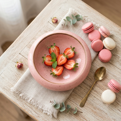 Premium Peach Ceramic Round Serving Plate – Glossy Speckled Finish with Deep Curved Design | 24.5 × 24.5 × 8 cm (DZ)