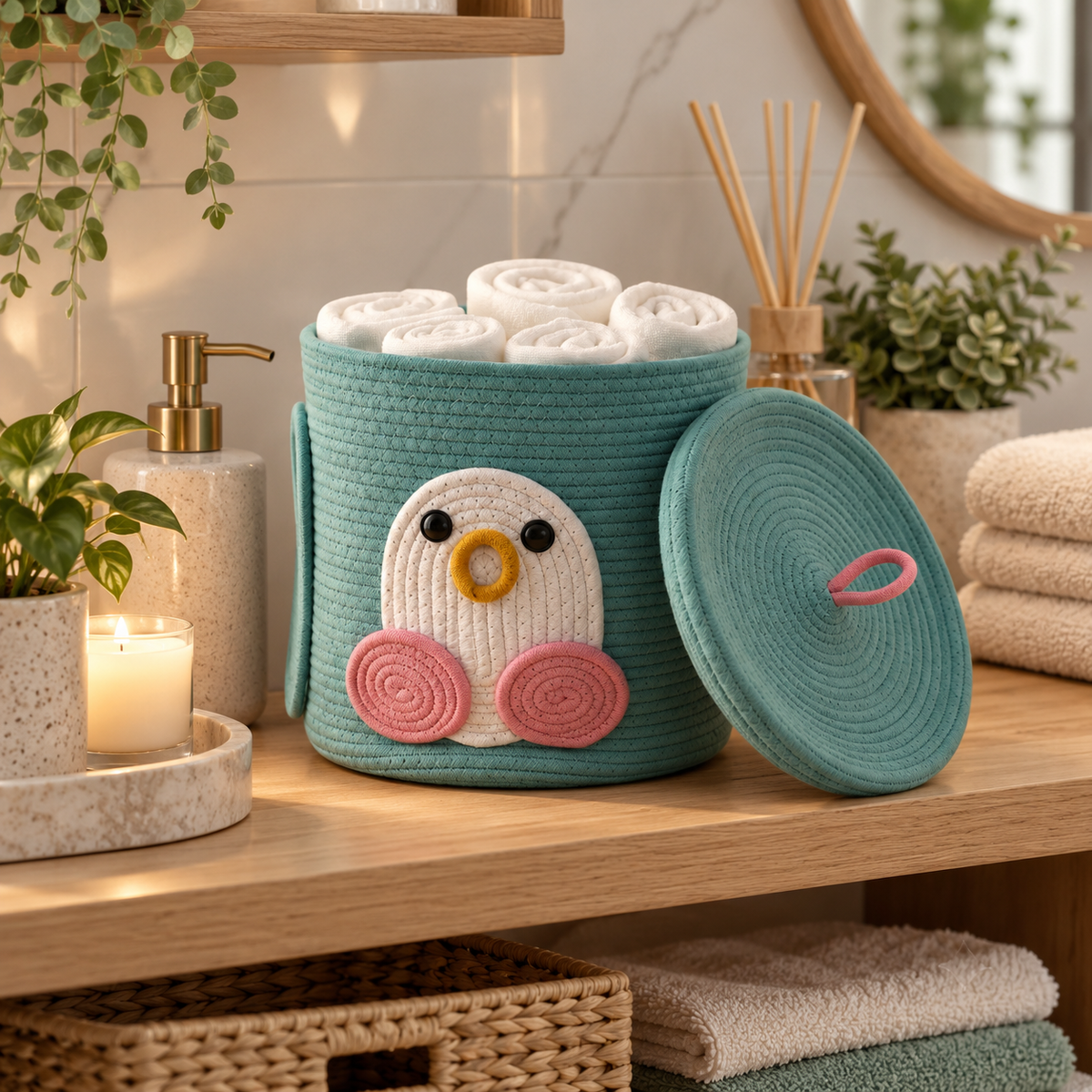 Premium Penguin Design Cotton Rope Storage Basket with Lid – Eco-Friendly Kid's Bathroom Organizer | 25 × 25 × 25 cm (DZ)