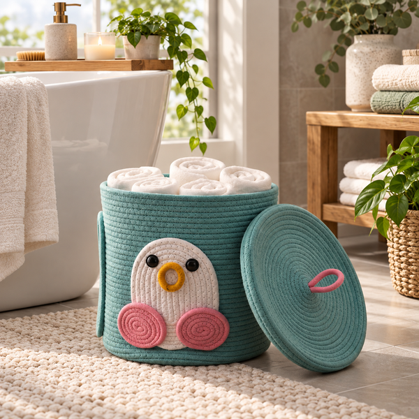 Premium Penguin Design Cotton Rope Storage Basket with Lid – Eco-Friendly Kid's Bathroom Organizer | 25 × 25 × 25 cm (DZ)