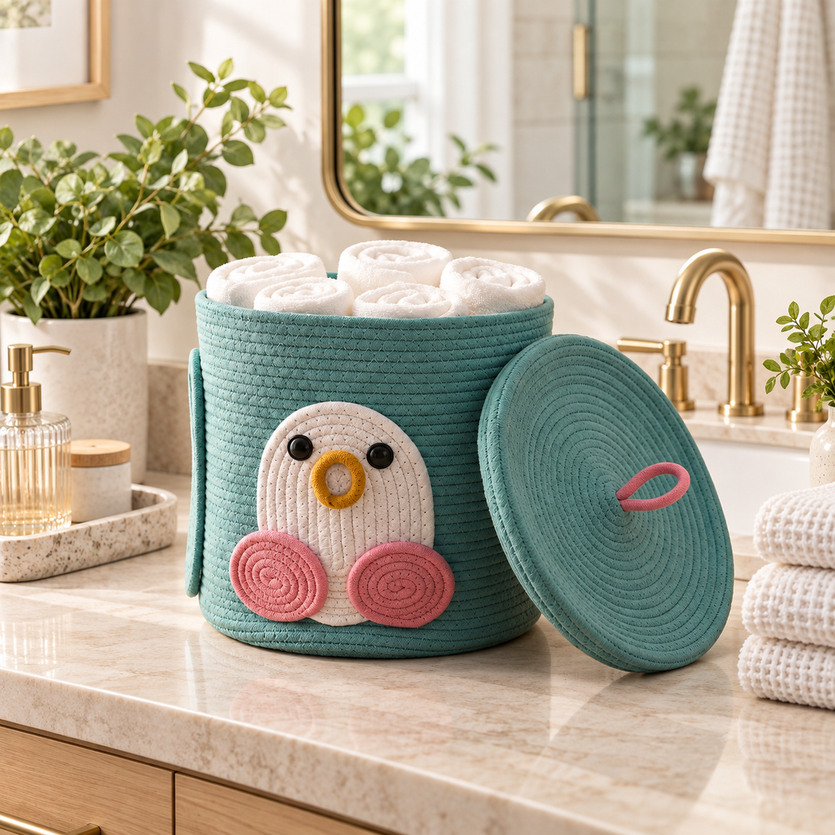 Premium Penguin Design Cotton Rope Storage Basket with Lid – Eco-Friendly Kid's Bathroom Organizer | 25 × 25 × 25 cm (DZ)