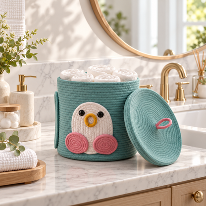 Premium Penguin Design Cotton Rope Storage Basket with Lid – Eco-Friendly Kid's Bathroom Organizer | 25 × 25 × 25 cm (DZ)