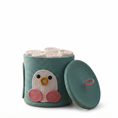 Premium Penguin Design Cotton Rope Storage Basket with Lid – Eco-Friendly Kid's Bathroom Organizer | 25 × 25 × 25 cm (DZ)