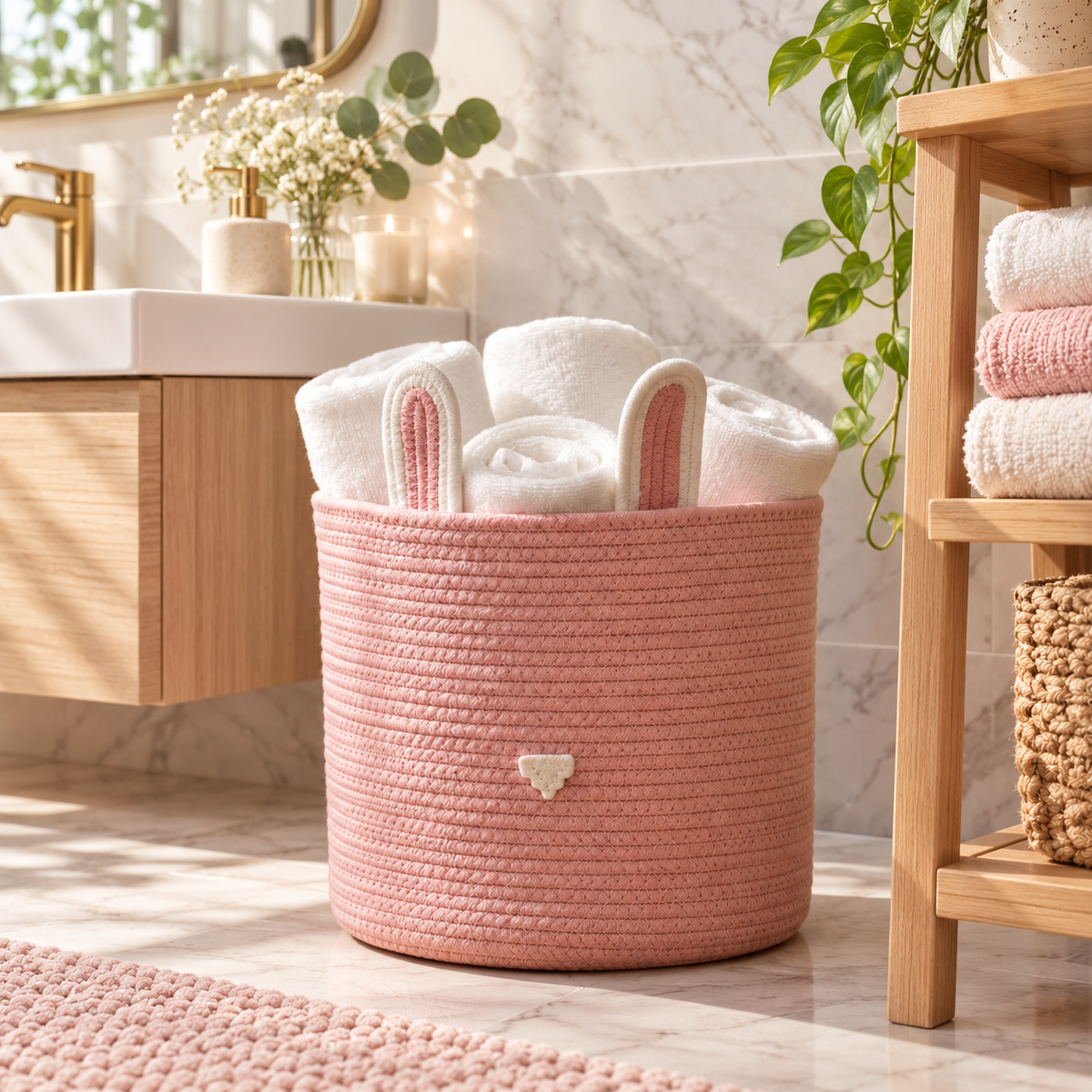 Premium Pink Bunny Ears Cotton Rope Storage Basket – Eco-Friendly Kids Bathroom Organizer | 25 × 25 × 25 cm (DZ)