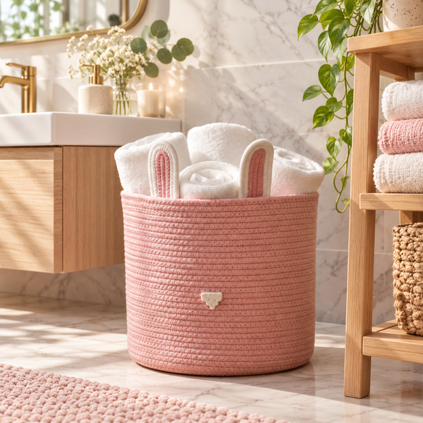 Premium Pink Bunny Ears Cotton Rope Storage Basket – Eco-Friendly Kids Bathroom Organizer | 25 × 25 × 25 cm (DZ)