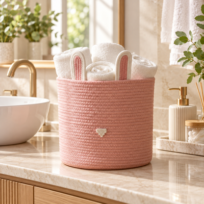 Premium Pink Bunny Ears Cotton Rope Storage Basket – Eco-Friendly Kids Bathroom Organizer | 25 × 25 × 25 cm (DZ)