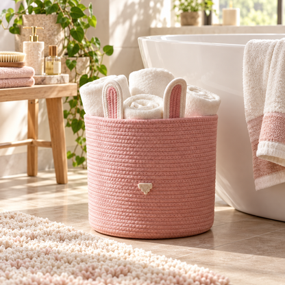 Premium Pink Bunny Ears Cotton Rope Storage Basket – Eco-Friendly Kids Bathroom Organizer | 25 × 25 × 25 cm (DZ)