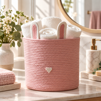 Premium Pink Bunny Ears Cotton Rope Storage Basket – Eco-Friendly Kids Bathroom Organizer | 25 × 25 × 25 cm (DZ)