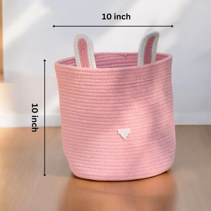 Premium Pink Bunny Ears Cotton Rope Storage Basket – Eco-Friendly Kids Bathroom Organizer | 25 × 25 × 25 cm (DZ)