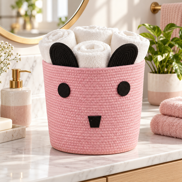 Premium Pink Panda Cotton Rope Storage Basket – Cute Animal Design Kids Bathroom Organizer | 25 × 25 × 25 cm (DZ)