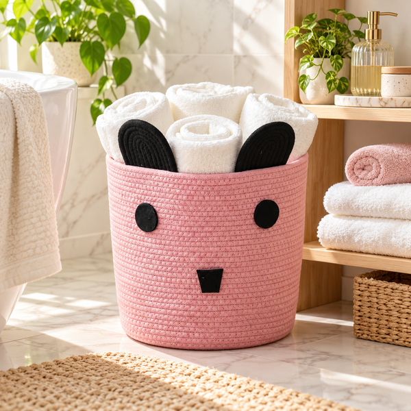 Premium Pink Panda Cotton Rope Storage Basket – Cute Animal Design Kids Bathroom Organizer | 25 × 25 × 25 cm (DZ)