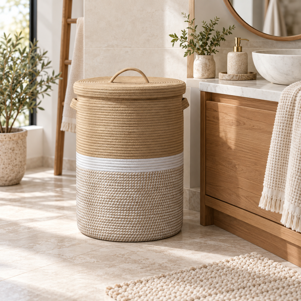 Premium Round Cotton Rope Laundry Basket with Lid & Removable Cloth Liner – Woven Laundry Hamper | 14 × 14 × 20 Inch (DZ)