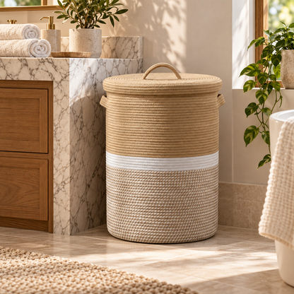 Premium Round Cotton Rope Laundry Basket with Lid & Removable Cloth Liner – Woven Laundry Hamper | 14 × 14 × 20 Inch (DZ)