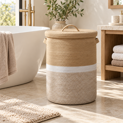Premium Round Cotton Rope Laundry Basket with Lid & Removable Cloth Liner – Woven Laundry Hamper | 14 × 14 × 20 Inch (DZ)