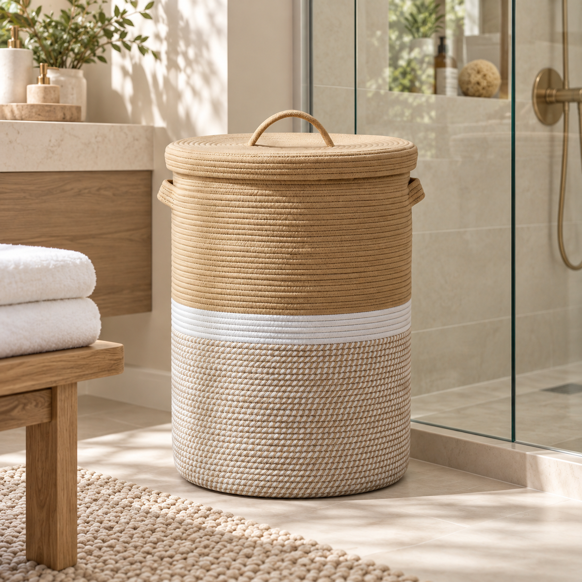 Premium Round Cotton Rope Laundry Basket with Lid & Removable Cloth Liner – Woven Laundry Hamper | 14 × 14 × 20 Inch (DZ)
