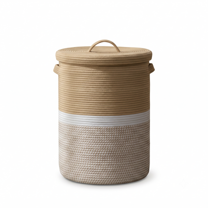 Premium Round Cotton Rope Laundry Basket with Lid & Removable Cloth Liner – Woven Laundry Hamper | 14 × 14 × 20 Inch (DZ)