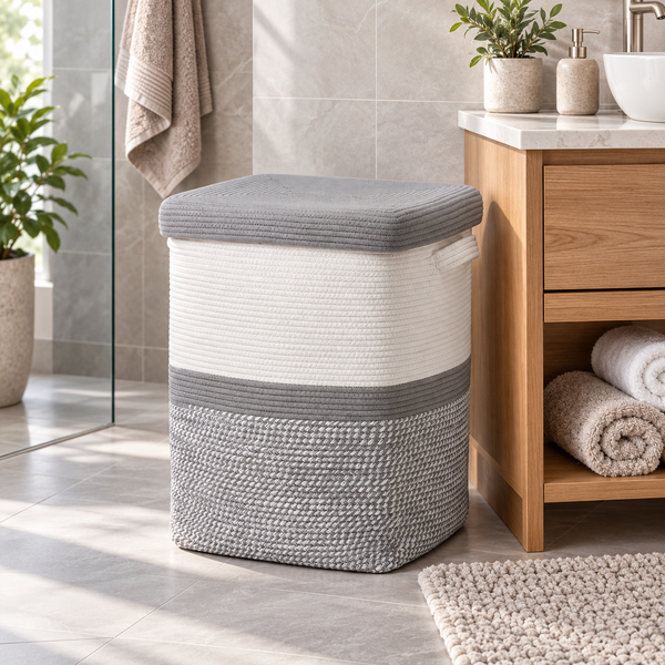 Premium Square Cotton Rope Laundry Basket with Removable Cloth Liner & Lid – Foldable Laundry Organizer | 14 × 14 × 20 Inch (DZ)