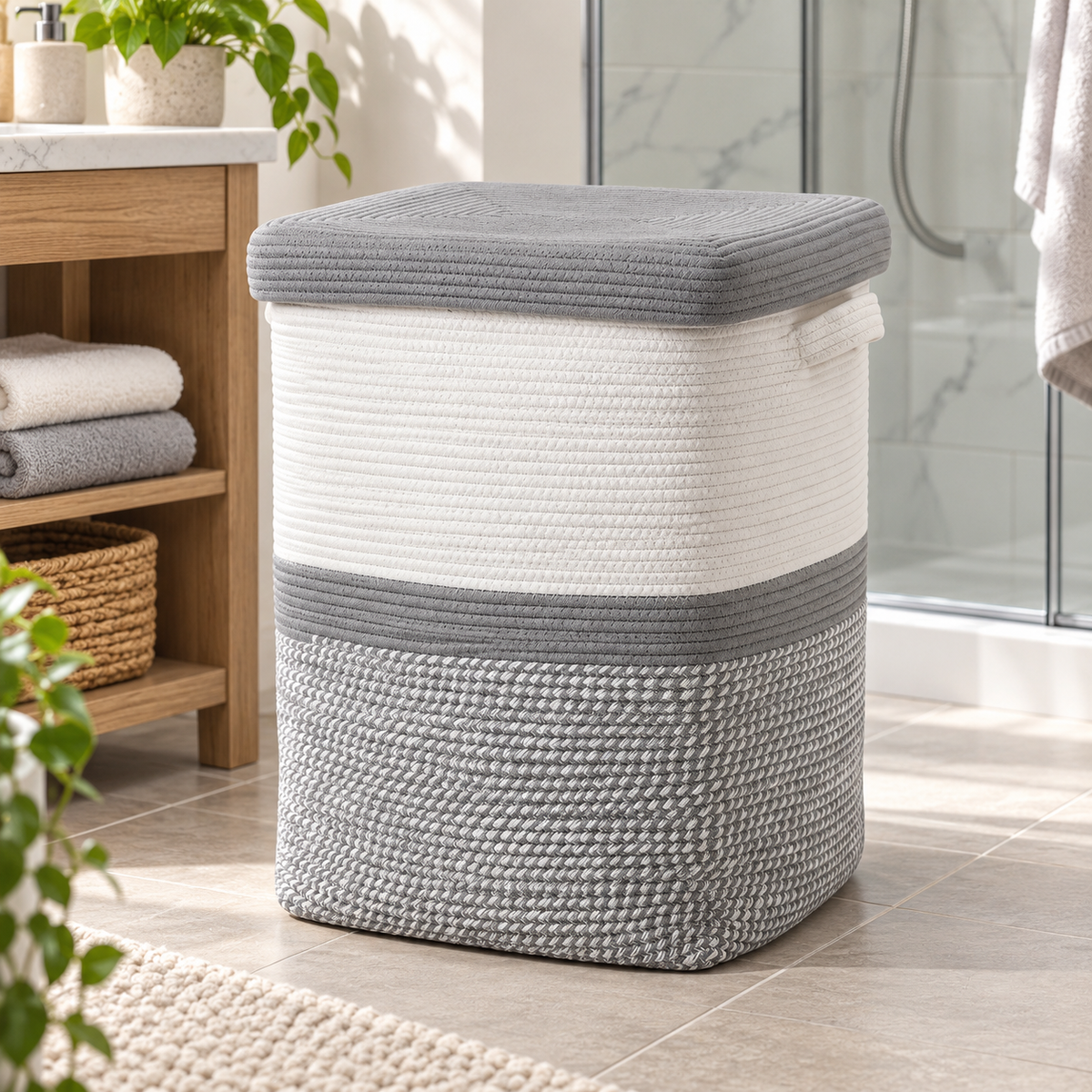 Premium Square Cotton Rope Laundry Basket with Removable Cloth Liner & Lid – Foldable Laundry Organizer | 14 × 14 × 20 Inch (DZ)