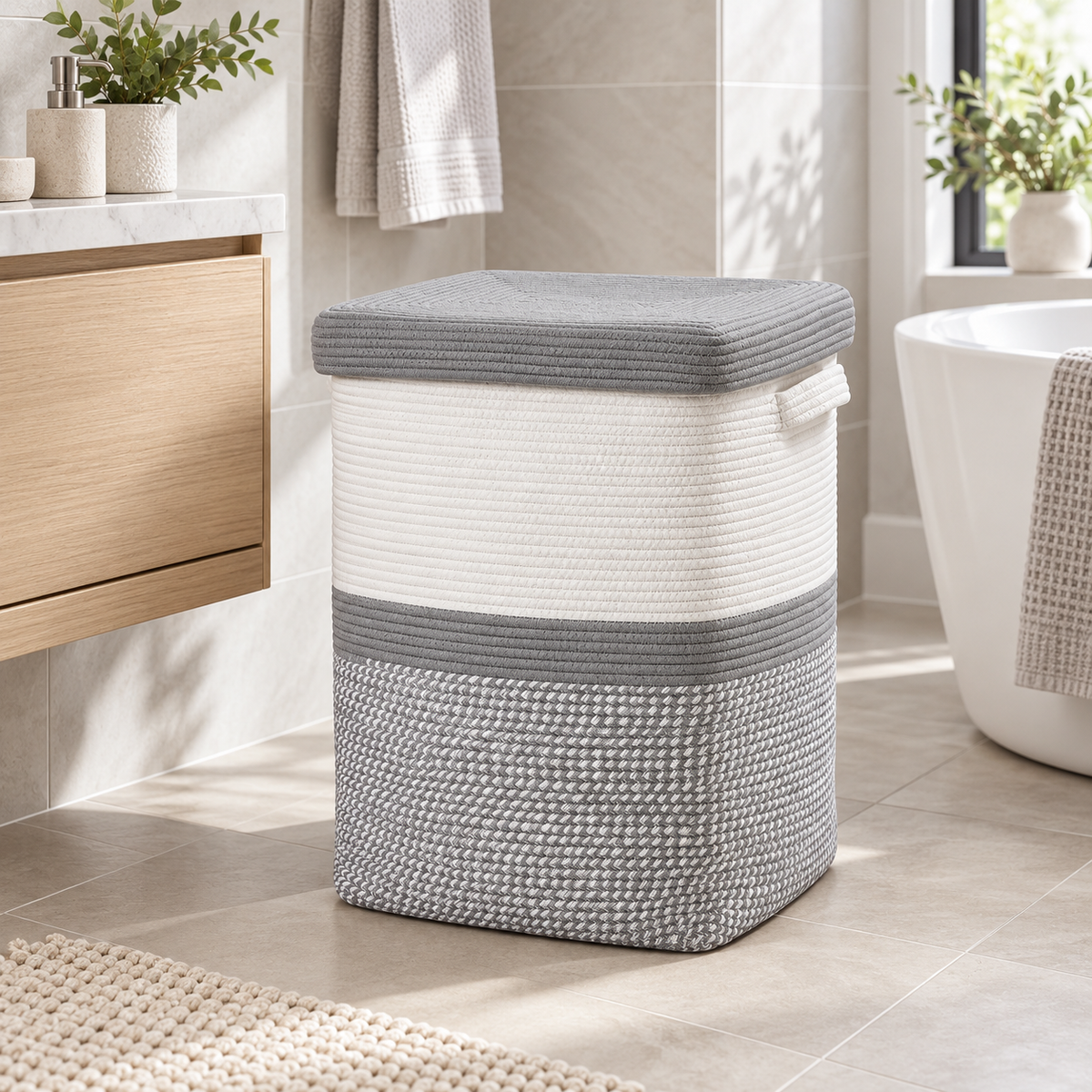 Premium Square Cotton Rope Laundry Basket with Removable Cloth Liner & Lid – Foldable Laundry Organizer | 14 × 14 × 20 Inch (DZ)