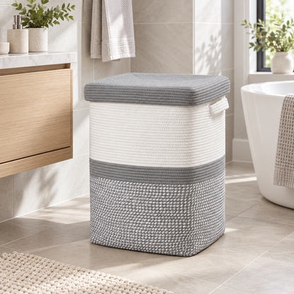 Premium Square Cotton Rope Laundry Basket with Removable Cloth Liner & Lid – Foldable Laundry Organizer | 14 × 14 × 20 Inch (DZ)