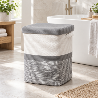 Premium Square Cotton Rope Laundry Basket with Removable Cloth Liner & Lid – Foldable Laundry Organizer | 14 × 14 × 20 Inch (DZ)